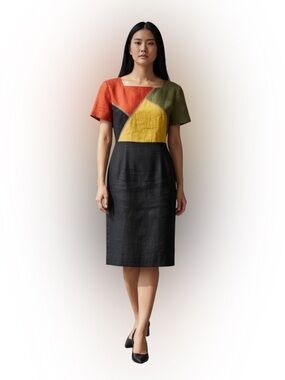 Vintage 80s BEAU DAVID Colorblock Linen Sheath Dress | Size 4 | Retro Mod